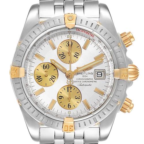 The image shows a front view of the Breitling Chronomat B13356 Men's Steel and Gold (two tone) Silver Dial B13356 Men's Steel and Gold (two tone) Silver Dial watch, highlighting its face, dial, bezel, and band.