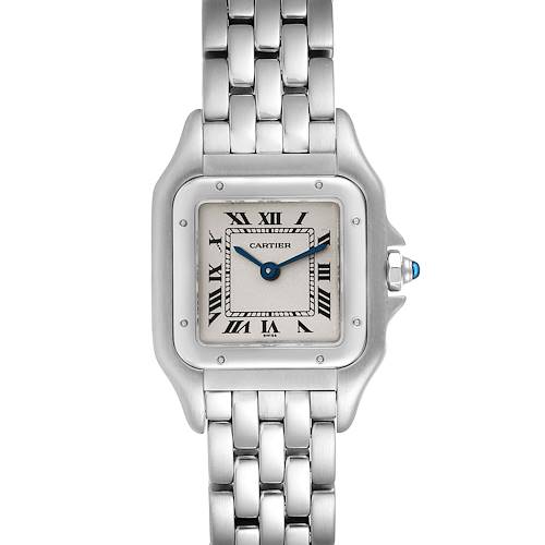 This image shows a front view of the Cartier Panthere W25033P5 Women's Stainless Steel Silver Dial W25033P5 Women's Stainless Steel Silver Dial watch, displaying its square face, Roman numerals, and metal bracelet.