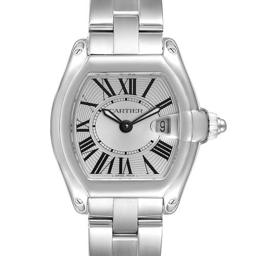 This image shows a front view of the Cartier Roadster W62016V3 Women's Stainless Steel Silver Dial W62016V3 Women's Stainless Steel Silver Dial watch, highlighting its face, bracelet, and date window at the 3 o'clock position.
