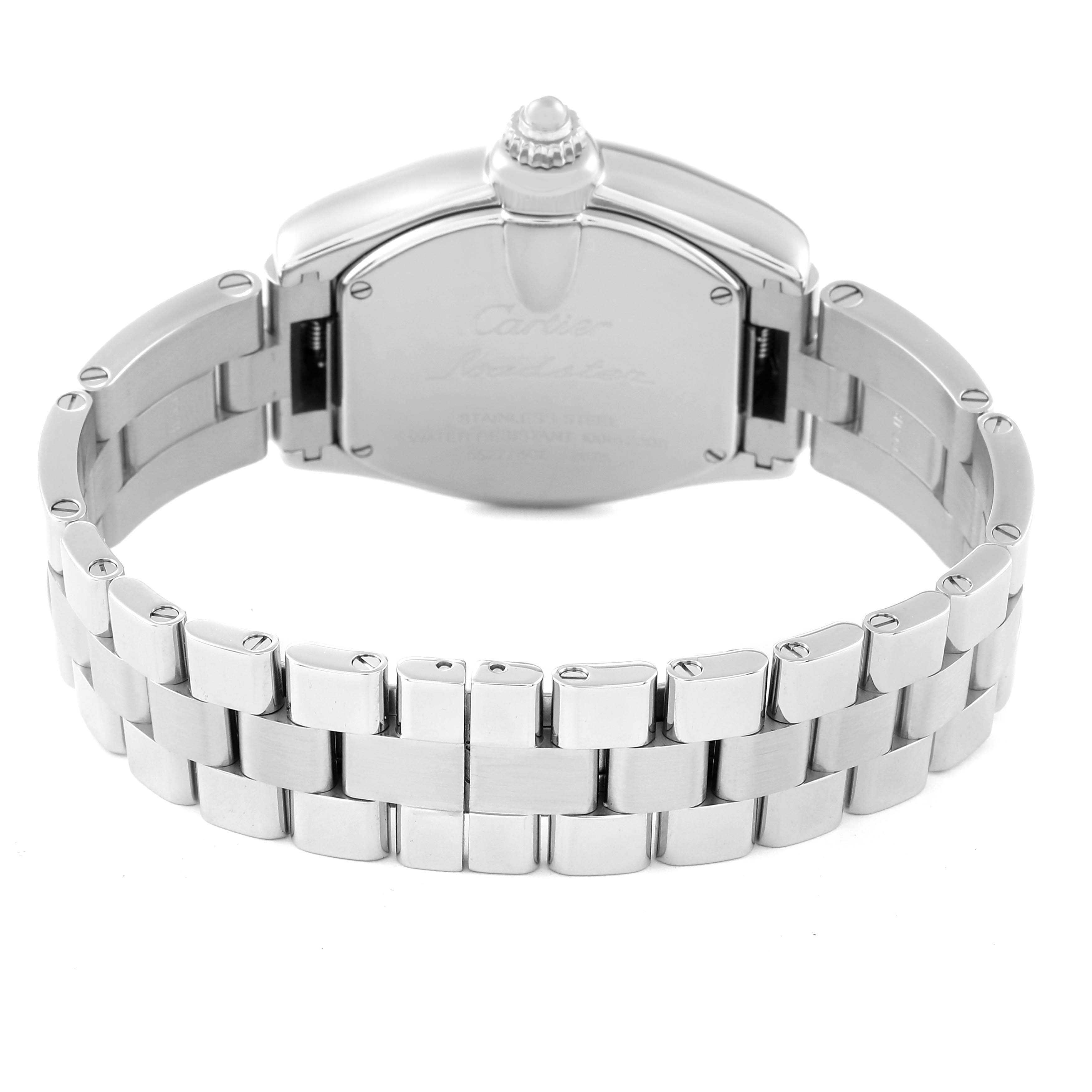 The image shows the back view of the Cartier Roadster W62016V3 Women's Stainless Steel Silver Dial W62016V3 Women's Stainless Steel Silver Dial model watch, highlighting the stainless steel bracelet and clasp.