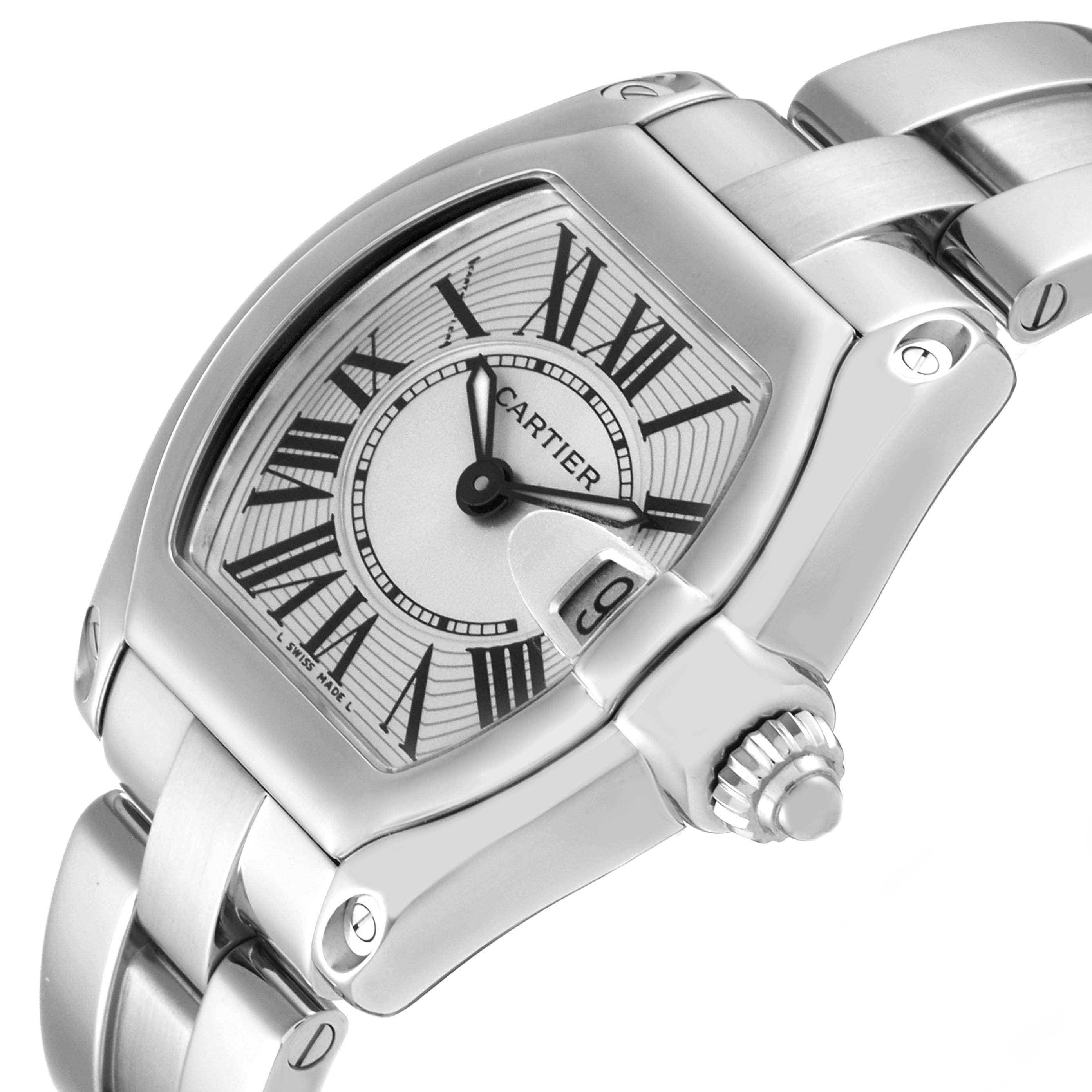 This image shows a close-up angle of the Cartier Roadster W62016V3 Women's Stainless Steel Silver Dial W62016V3 Women's Stainless Steel Silver Dial watch highlighting its dial, crown, and part of the bracelet.