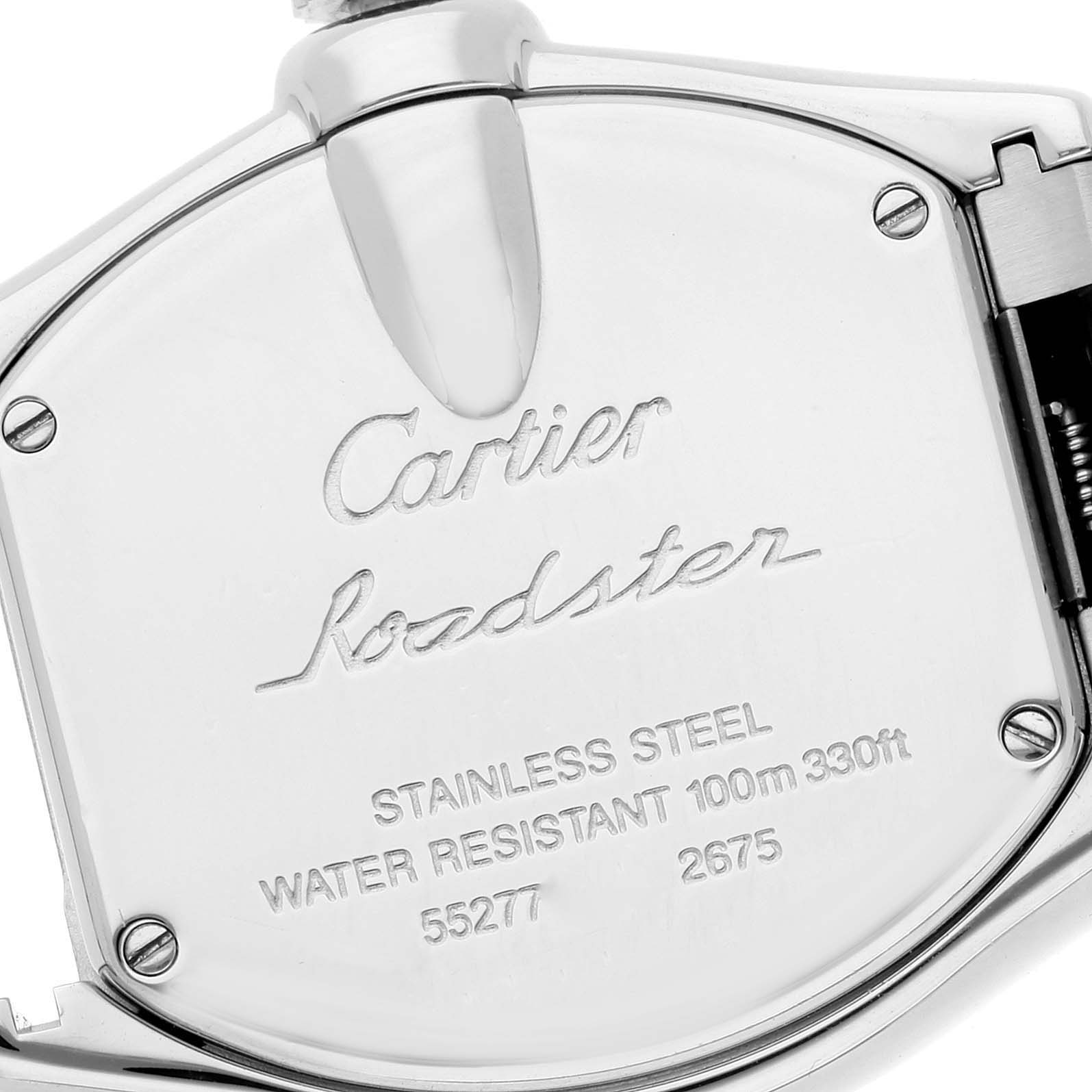 This image shows the back of the Cartier Roadster W62016V3 Women's Stainless Steel Silver Dial W62016V3 Women's Stainless Steel Silver Dial watch, featuring branding and specifications engraving.