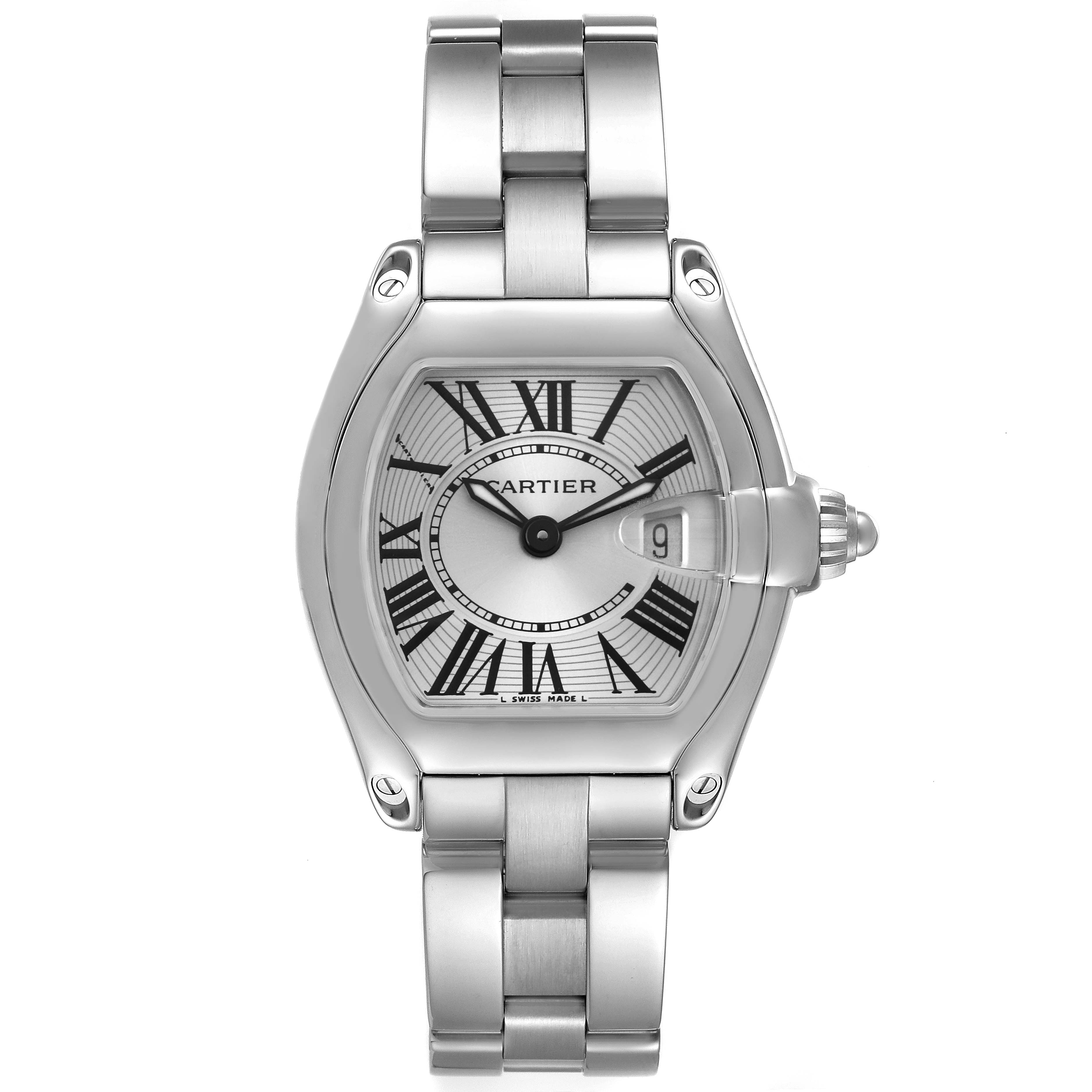 The image shows a front view of the Cartier Roadster W62016V3 Women's Stainless Steel Silver Dial W62016V3 Women's Stainless Steel Silver Dial watch, displaying its face, bracelet, and crown.
