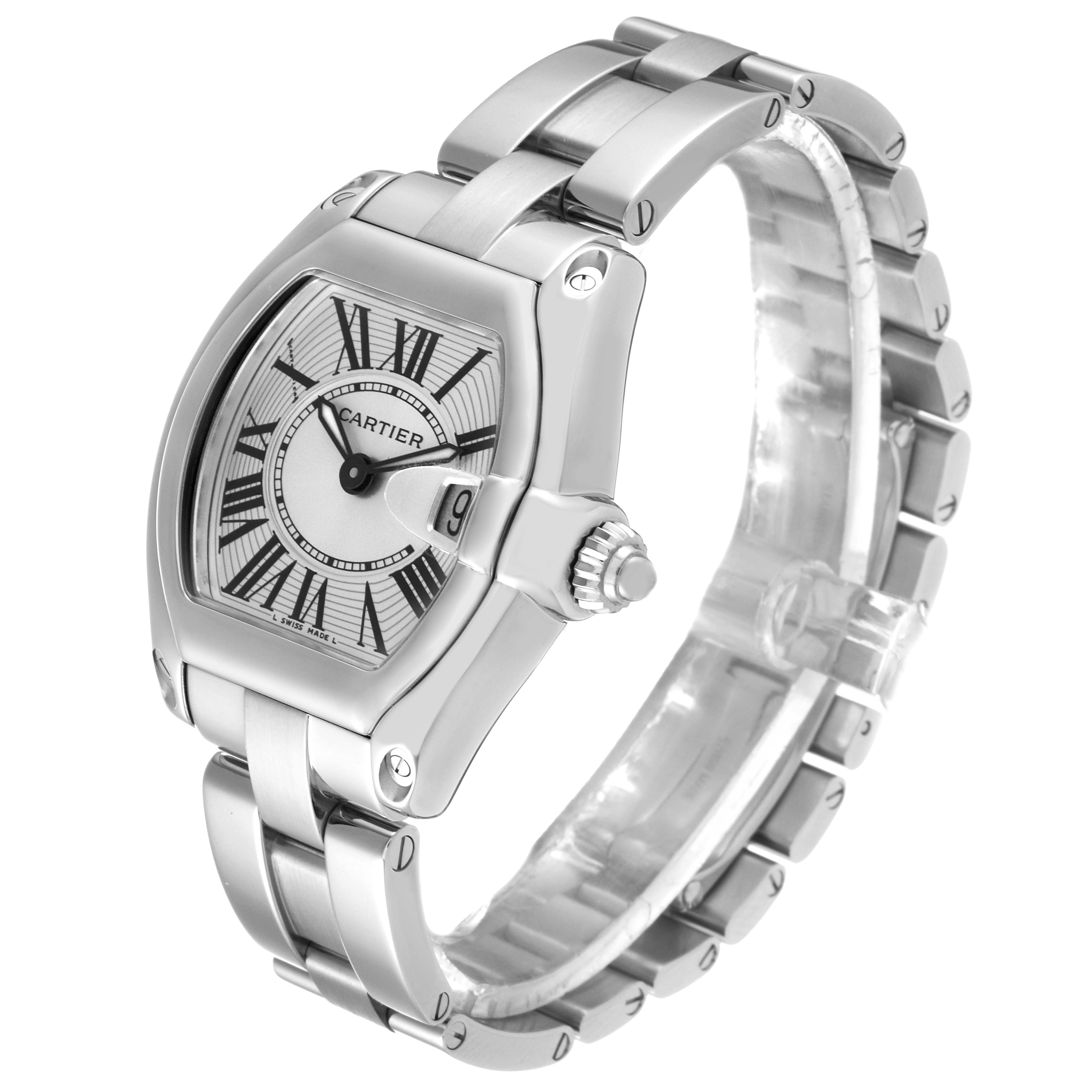 The Cartier Roadster W62016V3 Women's Stainless Steel Silver Dial W62016V3 Women's Stainless Steel Silver Dial watch is shown at a three-quarter angle, highlighting its dial, case, bracelet, and crown.