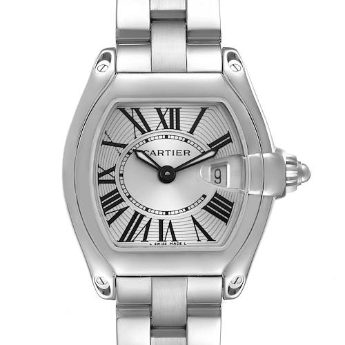 The image shows the front view of the Cartier Roadster W62016V3 Women's Stainless Steel Silver Dial W62016V3 Women's Stainless Steel Silver Dial watch, displaying its face, date window, crown, and part of the bracelet.