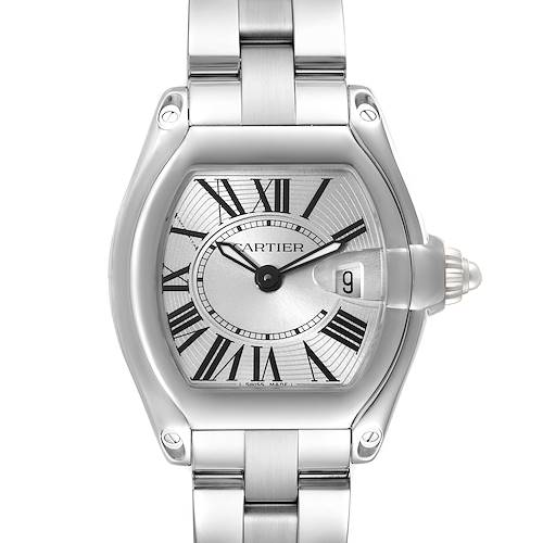 This image shows a head-on view of the Cartier Roadster W62016V3 Women's Stainless Steel Silver Dial W62016V3 Women's Stainless Steel Silver Dial watch, featuring its dial, hands, and part of the bracelet.