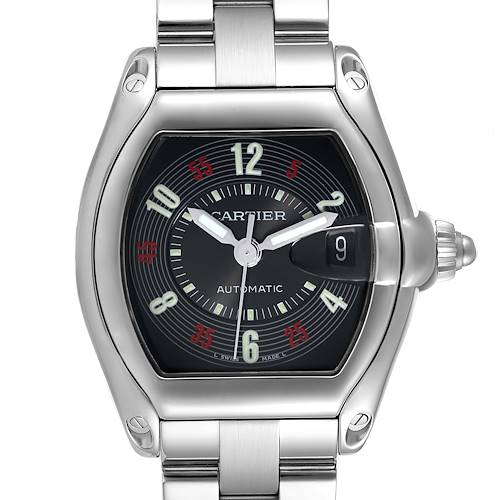 The image shows a front view of the Cartier Roadster W62002V3 Men's Stainless Steel Black Dial W62002V3 Men's Stainless Steel Black Dial watch, highlighting its face, hands, date display, and part of the bracelet.
