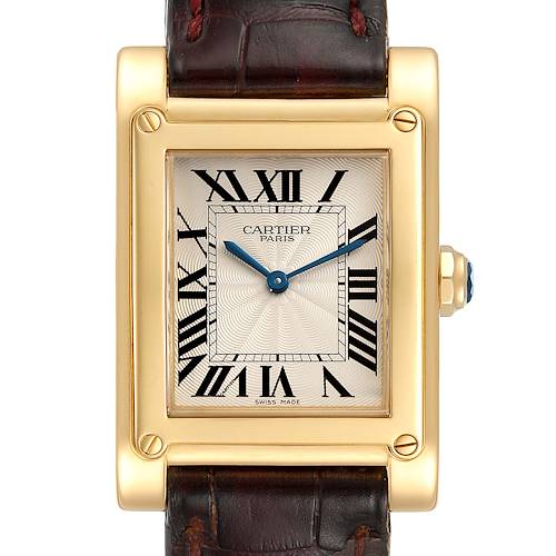 The image shows a frontal view of the Cartier Tank A Vis W1539951 Men's Yellow Gold Silver Dial W1539951 Men's Yellow Gold Silver Dial watch, highlighting its rectangular face, Roman numerals, leather strap, and gold casing.