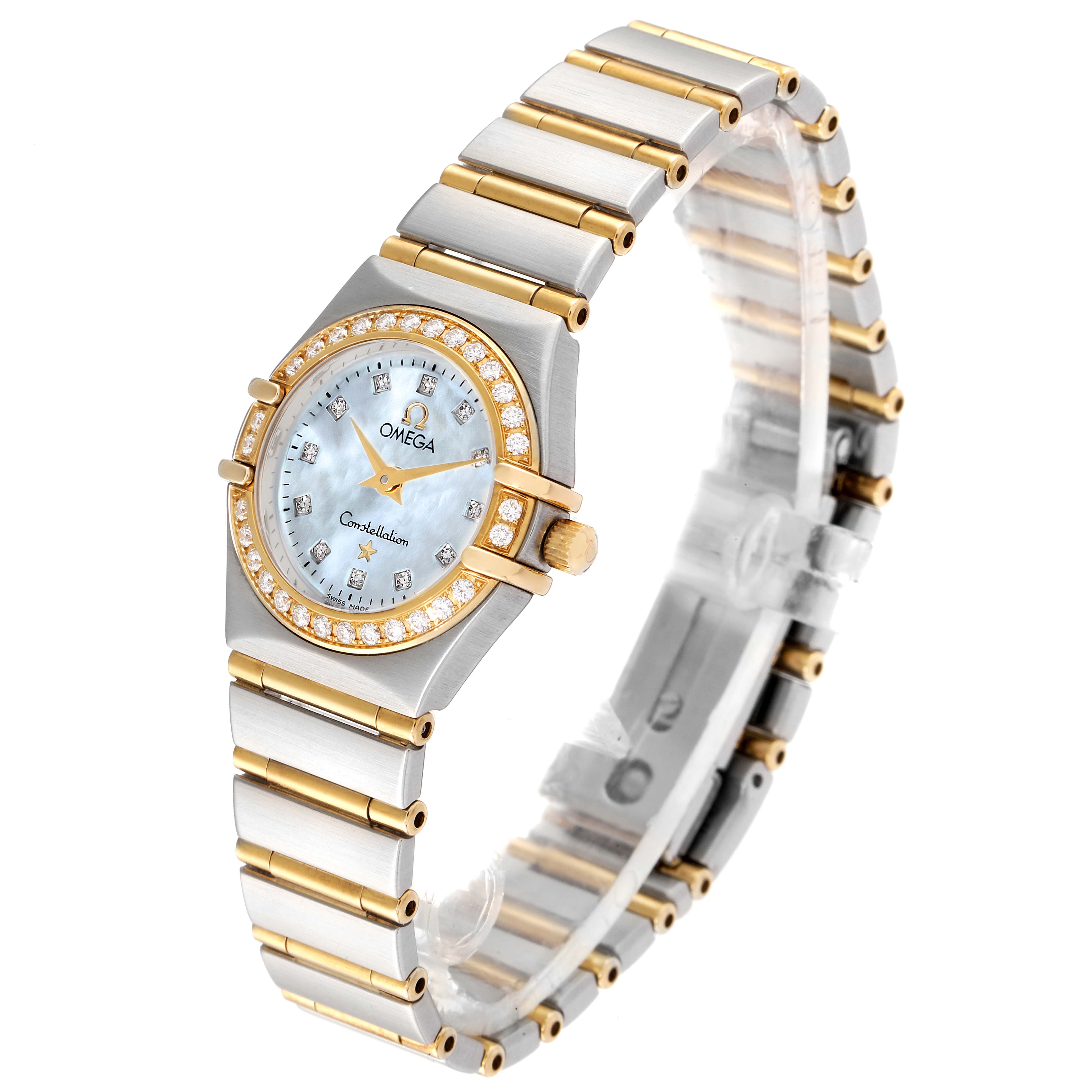 The watch is shown at a three-quarter angle, displaying the face, bezel, and bracelet of the Omega 1267.75.00 Women's Steel and Gold (two tone) Mother of Pearl Dial 1267.75.00 Women's Steel and Gold (two tone) Mother of Pearl Dial Constellation 95 Mother of Pearl Diamond Ladies Watch 1267.75.00.