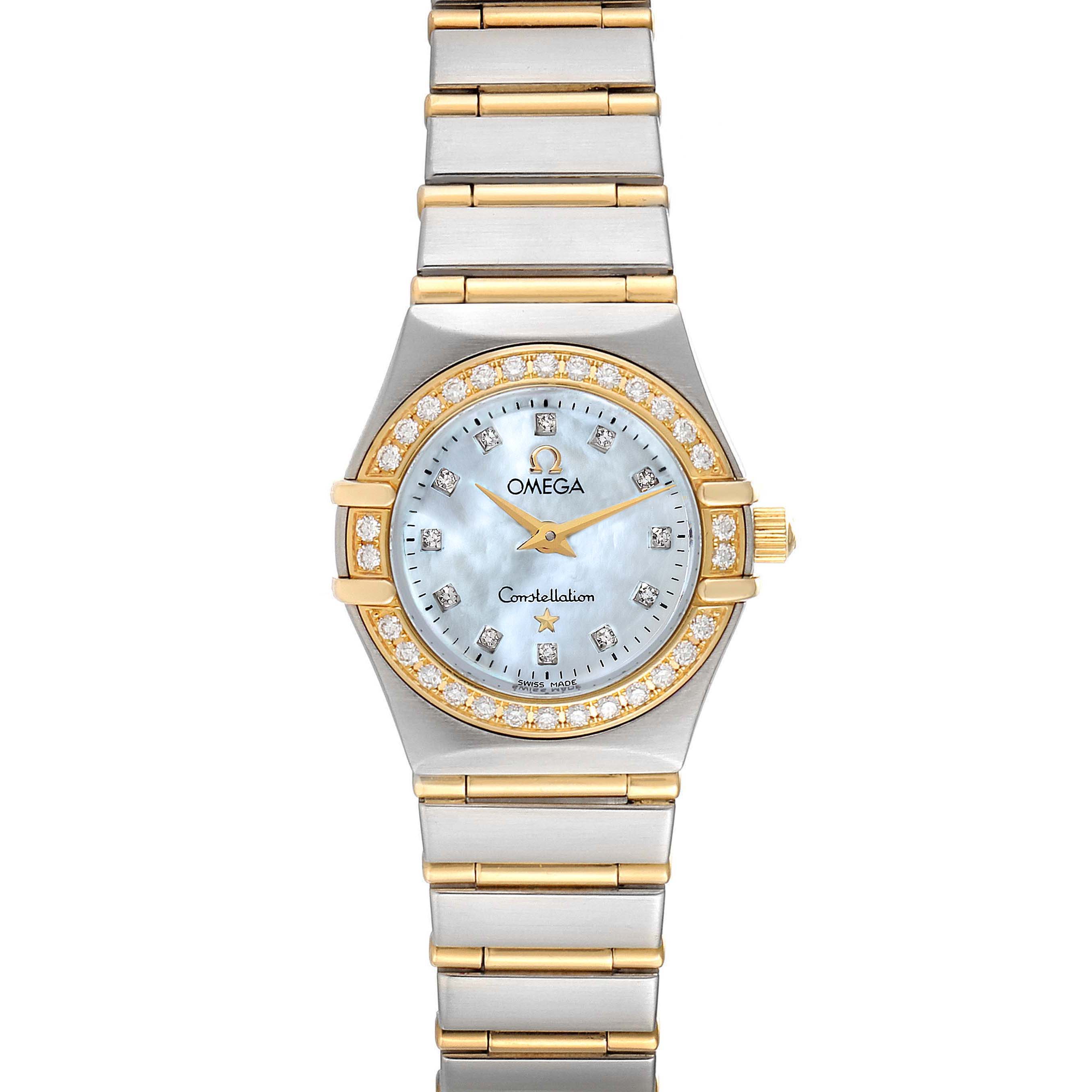 The image shows a front view of the Omega 1267.75.00 Women's Steel and Gold (two tone) Mother of Pearl Dial 1267.75.00 Women's Steel and Gold (two tone) Mother of Pearl Dial Constellation 95 Mother of Pearl Diamond Ladies Watch 1267.75.00, displaying the watch face and bracelet.