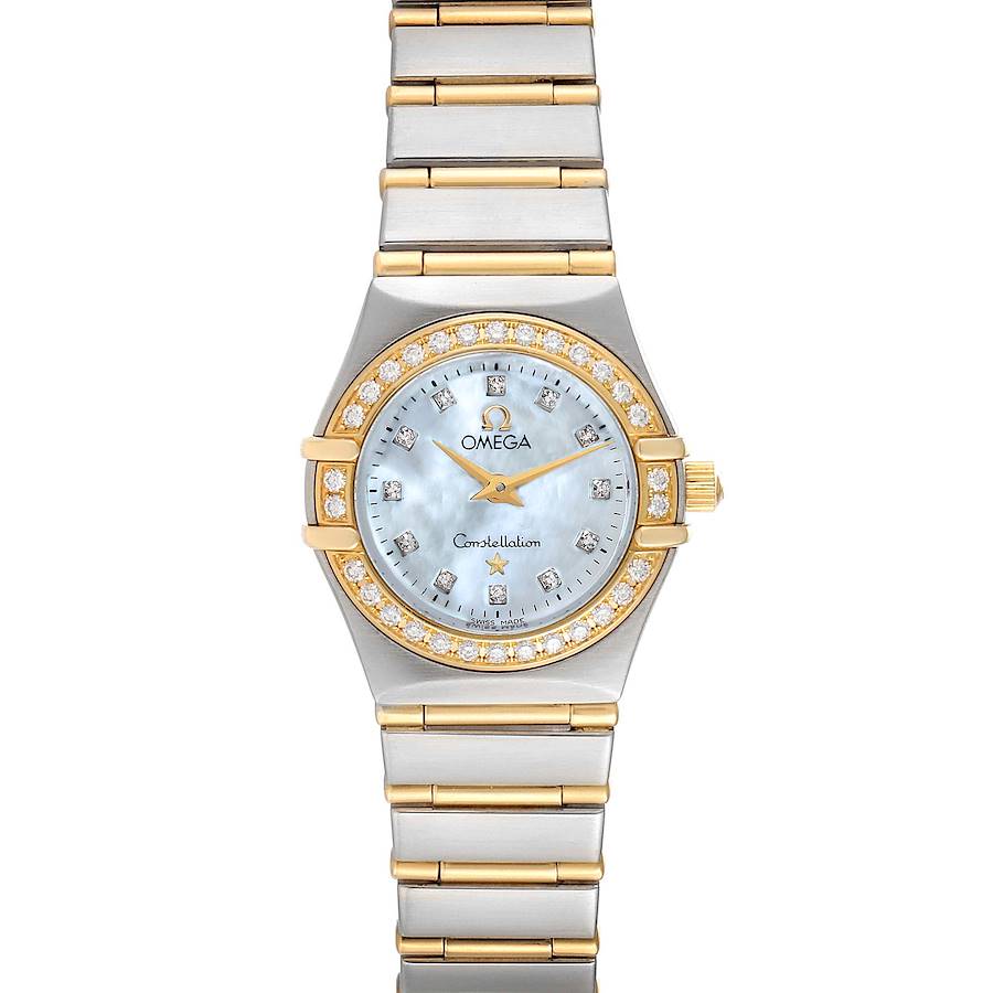 The image shows a front view of the Omega 1267.75.00 Women's Steel and Gold (two tone) Mother of Pearl Dial 1267.75.00 Women's Steel and Gold (two tone) Mother of Pearl Dial Constellation 95 Mother of Pearl Diamond Ladies Watch 1267.75.00, displaying the watch face and bracelet.