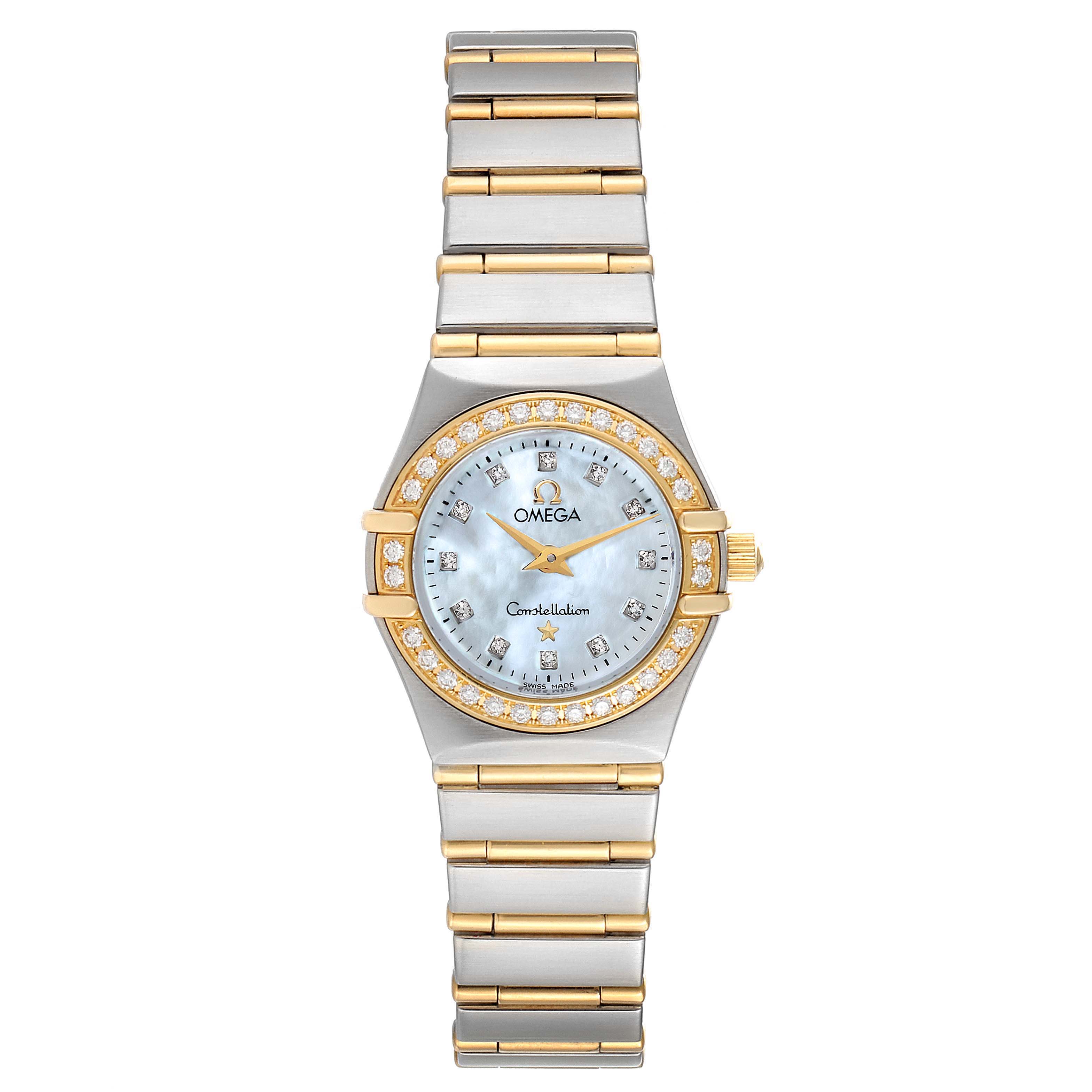 This image shows the front view of the Omega 1267.75.00 Women's Steel and Gold (two tone) Mother of Pearl Dial 1267.75.00 Women's Steel and Gold (two tone) Mother of Pearl Dial Constellation 95 Mother of Pearl Diamond Ladies Watch 1267.75.00, highlighting the dial and bracelet.
