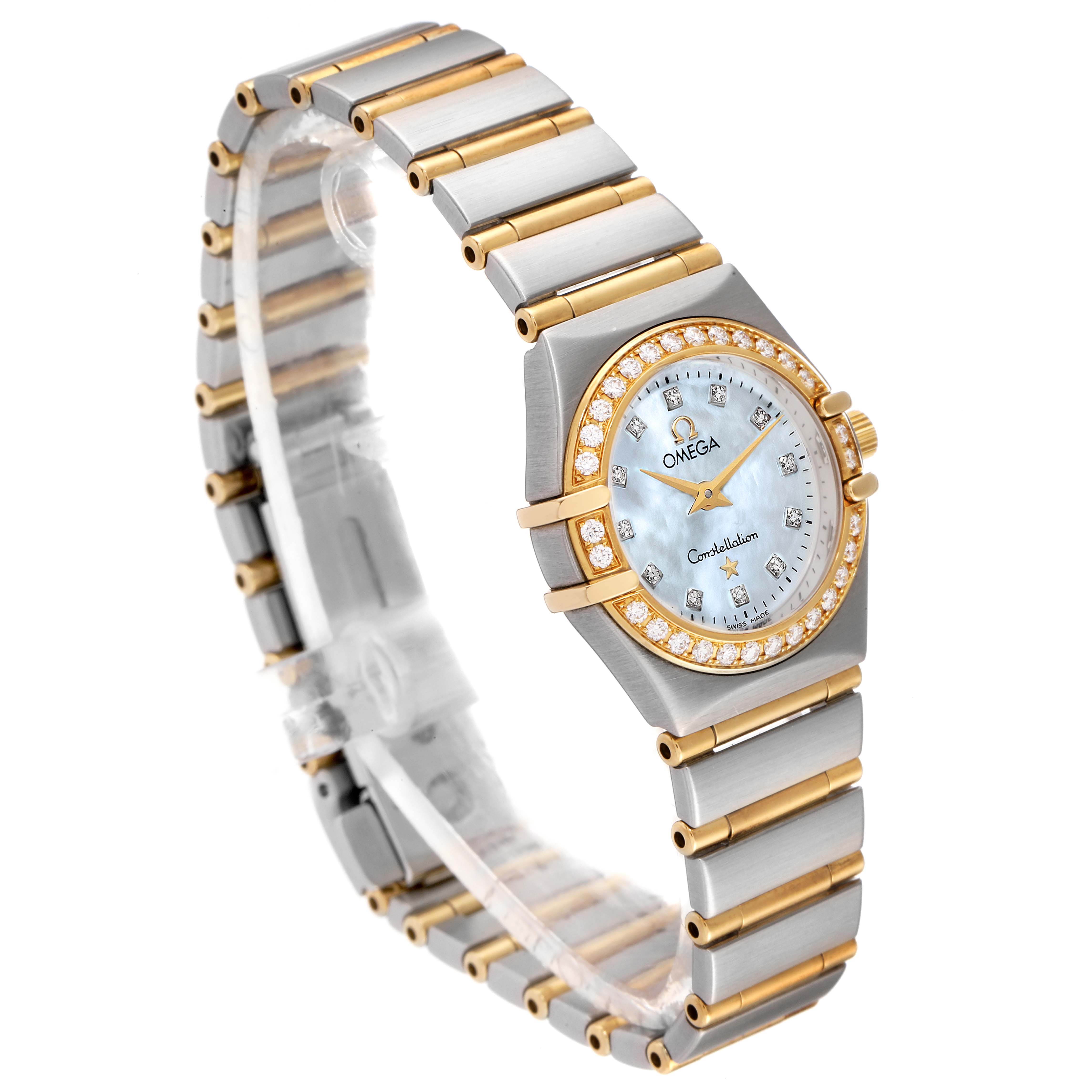 The image shows a side angle of the Omega 1267.75.00 Women's Steel and Gold (two tone) Mother of Pearl Dial 1267.75.00 Women's Steel and Gold (two tone) Mother of Pearl Dial Constellation 95 Mother of Pearl Diamond Ladies Watch 1267.75.00, highlighting the bracelet and diamond bezel.