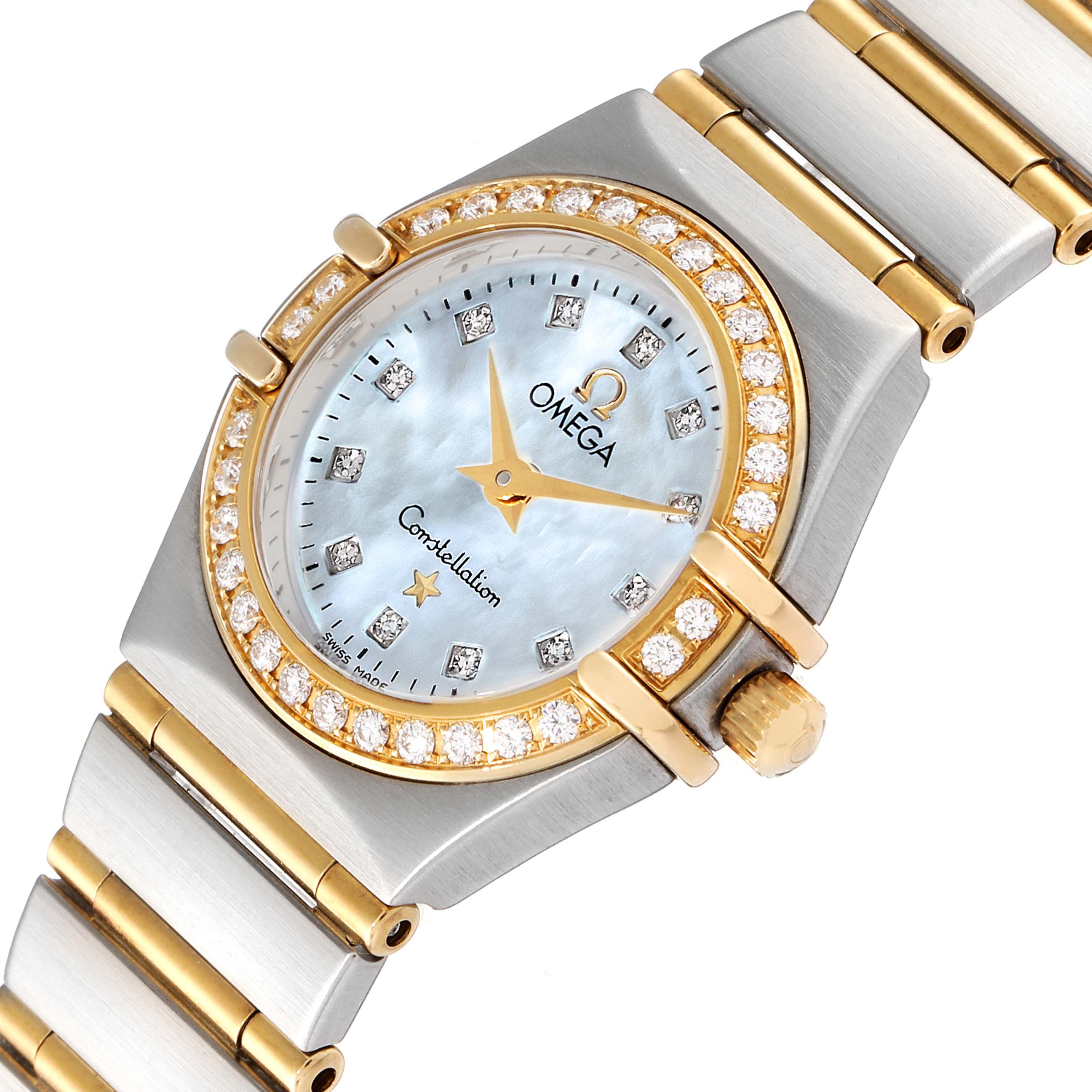 The image shows a close-up of the dial and a portion of the bracelet of the Omega 1267.75.00 Women's Steel and Gold (two tone) Mother of Pearl Dial 1267.75.00 Women's Steel and Gold (two tone) Mother of Pearl Dial Constellation 95 Mother of Pearl Diamond Ladies Watch 1267.75.00.