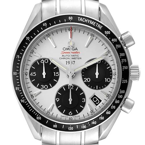 This image shows a front view of the Omega Speedmaster 323.30.40.40.02.001 Men's Stainless Steel White Dial 323.30.40.40.02.001 Men's Stainless Steel White Dial watch, highlighting the dial, subdials, bezel, and part of the bracelet.