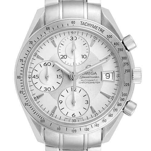 This image shows a frontal view of the Omega Speedmaster 3211.30.00 Men's Stainless Steel Silver Dial 3211.30.00 Men's Stainless Steel Silver Dial watch, displaying its dial, subdials, and date window.