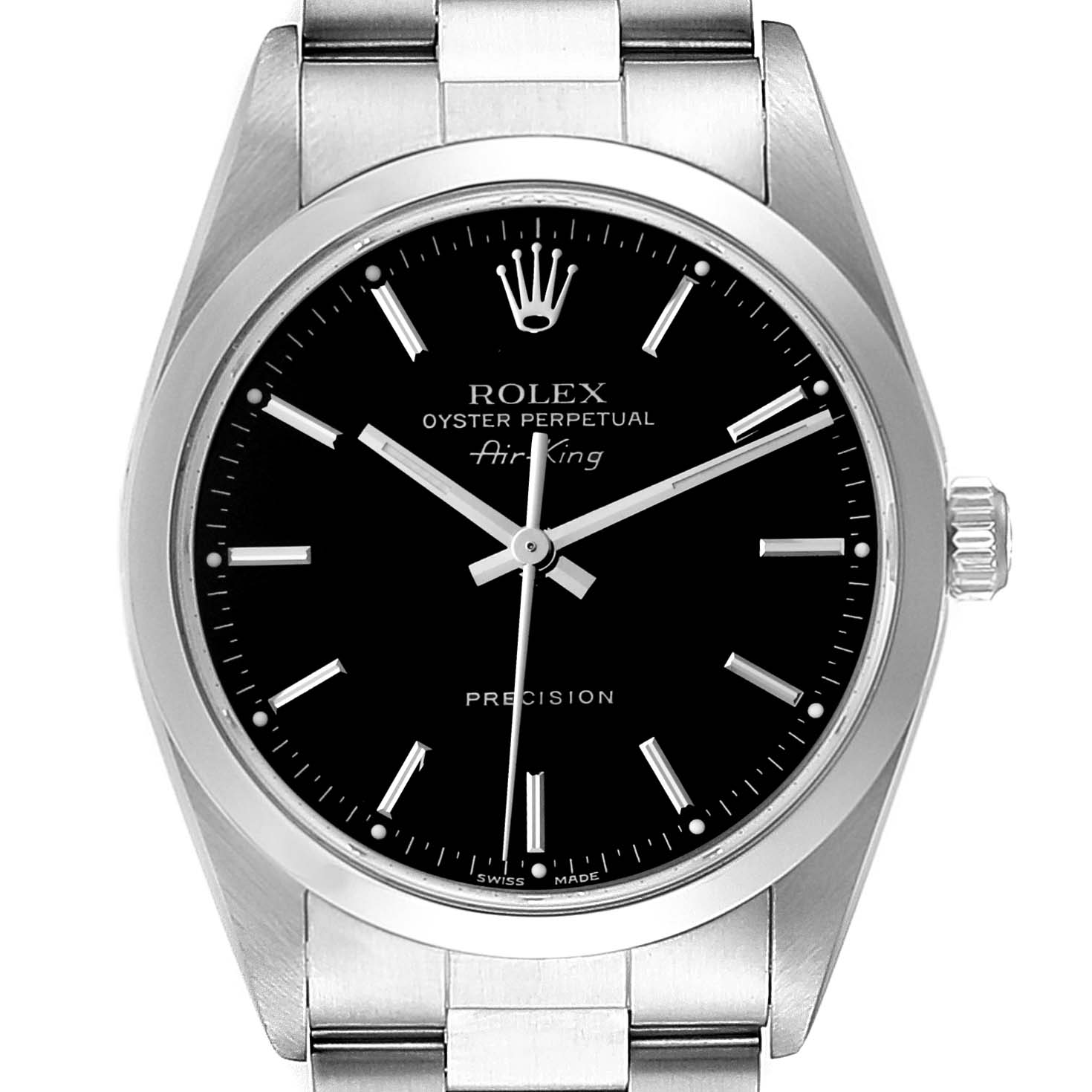 The image shows a front view of a Rolex Air-King 14000 Men's Stainless Steel Black Dial 14000 Men's Stainless Steel Black Dial watch, highlighting its black dial, markers, crown, and metal bracelet.