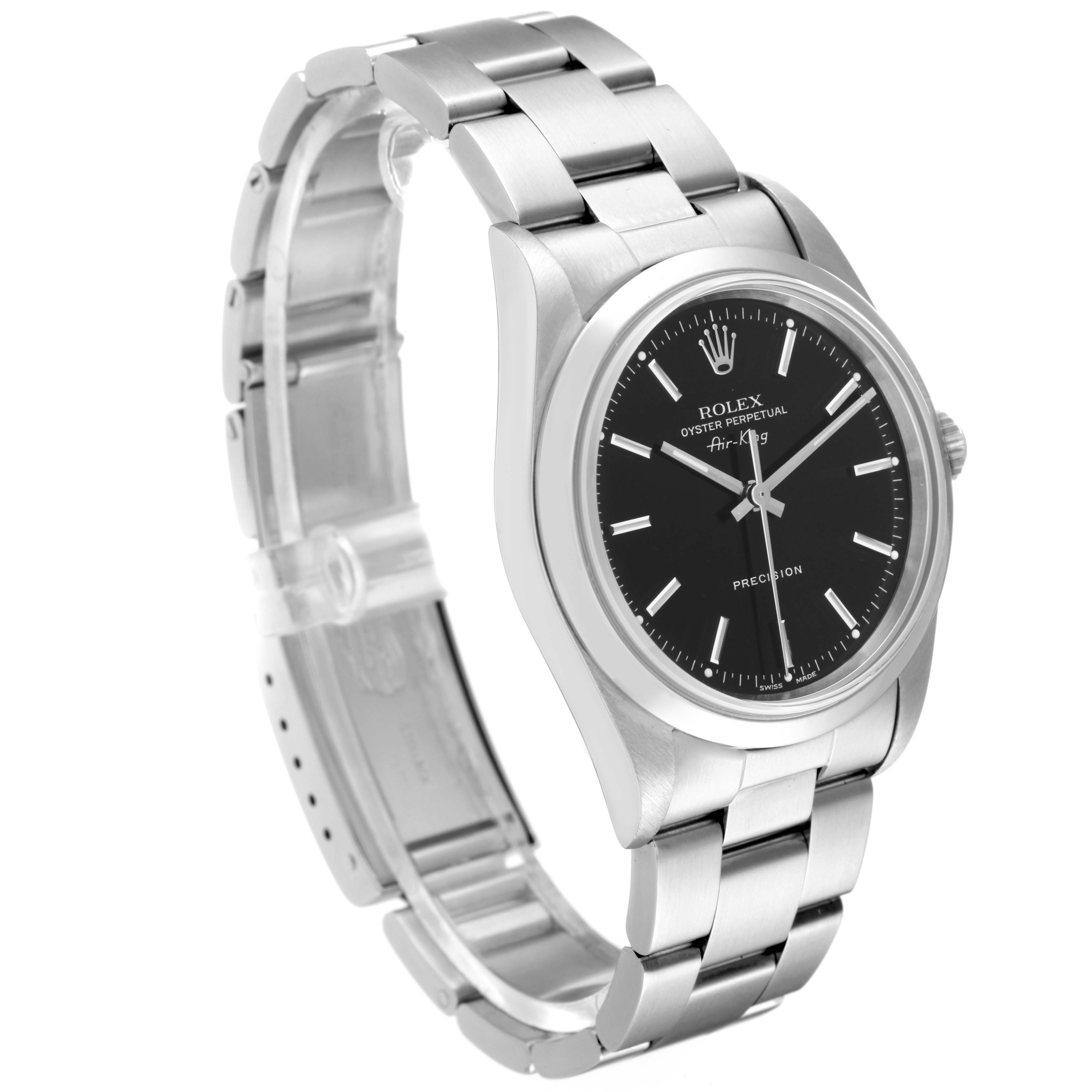 The image shows a side angle of a Rolex Air-King 14000 Men's Stainless Steel Black Dial 14000 Men's Stainless Steel Black Dial watch, highlighting its black dial, stainless steel bracelet, and clasp.