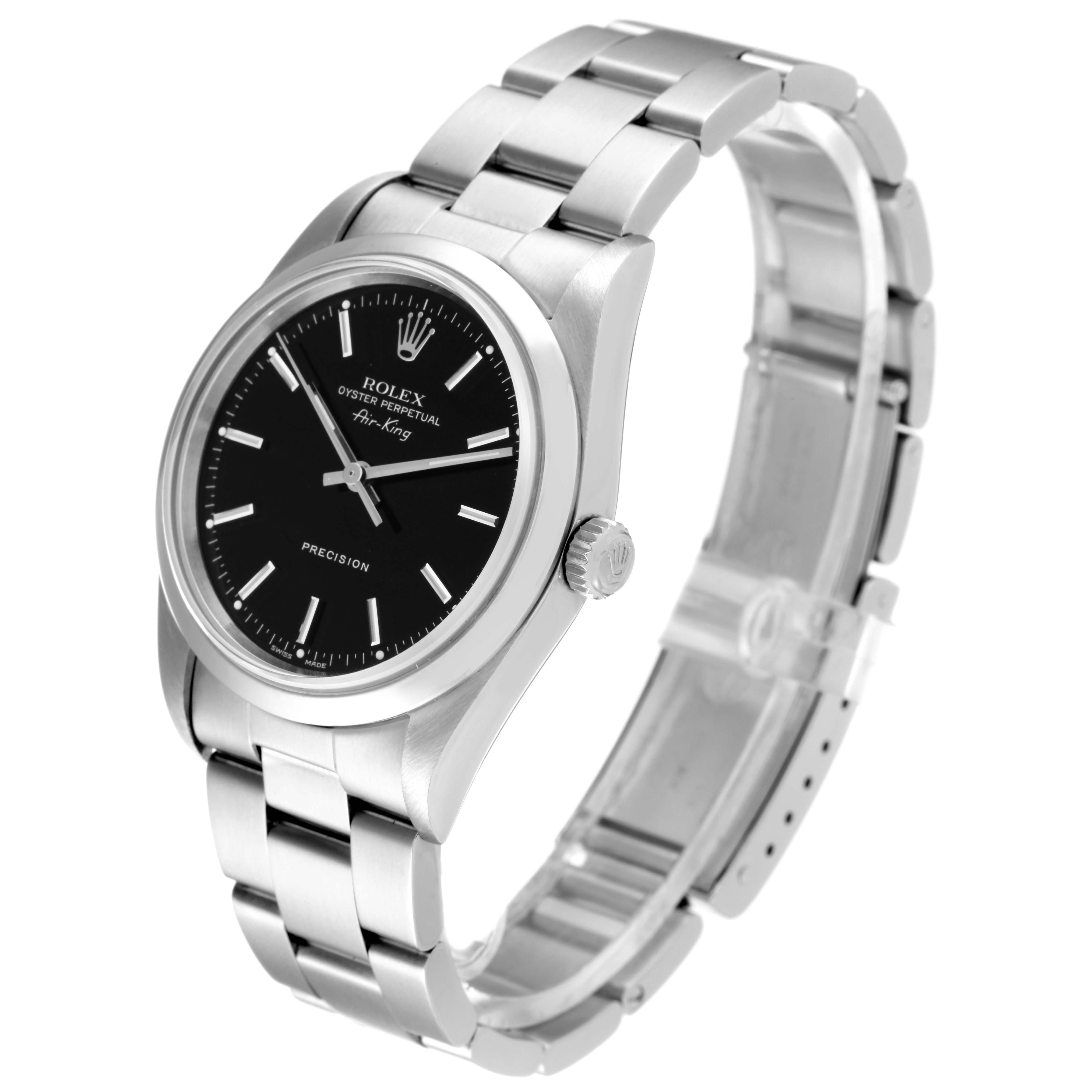 The image shows a side angle view of the Rolex Air-King 14000 Men's Stainless Steel Black Dial 14000 Men's Stainless Steel Black Dial watch, highlighting its black dial, silver bracelet, and crown.