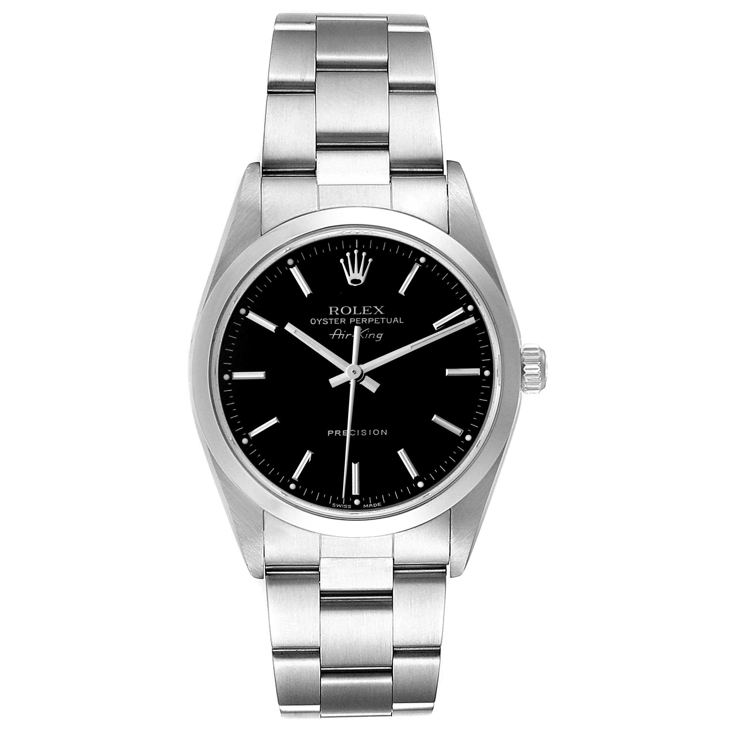 The image shows a front view of a Rolex Air-King 14000 Men's Stainless Steel Black Dial 14000 Men's Stainless Steel Black Dial watch, displaying its black dial, silver hands, markers, and metal bracelet.