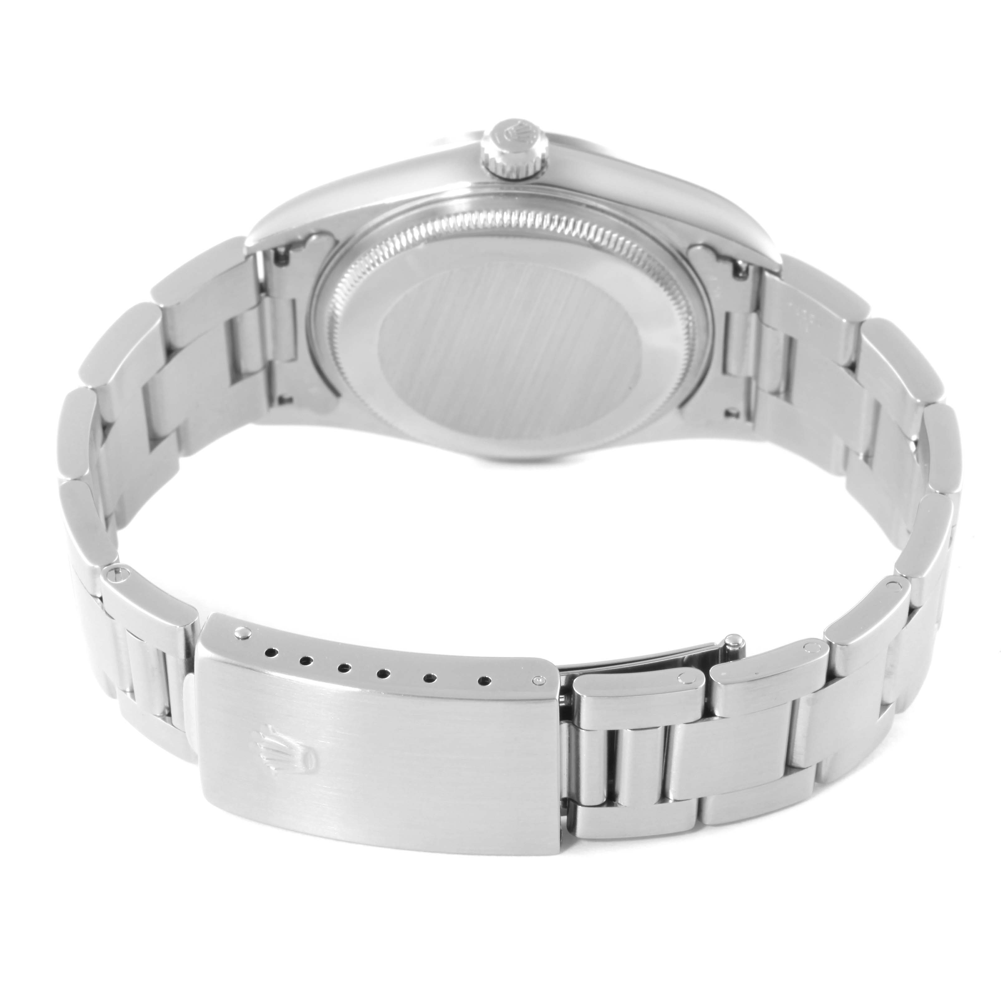 The image shows the back view of the Rolex Air-King 14000 Men's Stainless Steel Black Dial 14000 Men's Stainless Steel Black Dial watch, featuring the case back, crown, and bracelet with clasp.