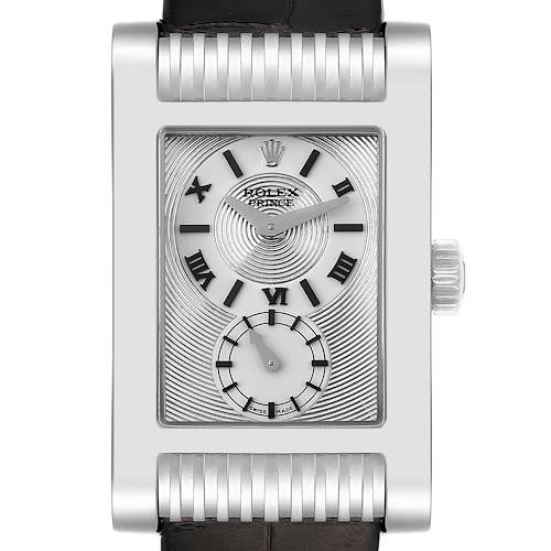 The image shows a front view of the Rolex Cellini 5441 Men's White Gold Silver Dial 5441 Men's White Gold Silver Dial model watch, highlighting its rectangular face, dial, and crown.