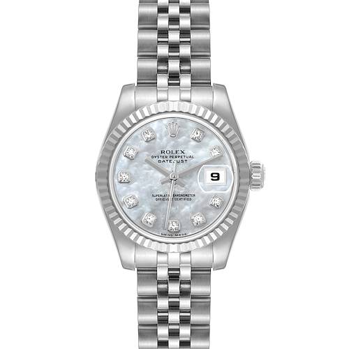 The image shows a front view of a Rolex Datejust 179174 Women's Stainless Steel Mother of Pearl Dial 179174 Women's Stainless Steel Mother of Pearl Dial watch, highlighting its face, bezel, and bracelet.