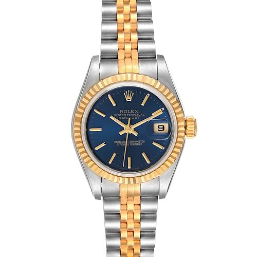 The image shows a front view of a Rolex Datejust 79173 Women's Steel and Gold (two tone) Blue Dial 79173 Women's Steel and Gold (two tone) Blue Dial watch featuring a two-tone bracelet, blue dial, and fluted bezel.