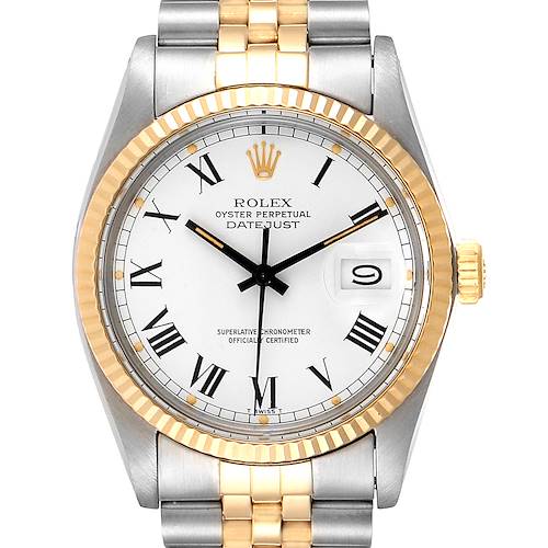 The Vintage Collection Rolex Datejust watch is shown from a front angle, highlighting its dial, bezel, and bracelet.