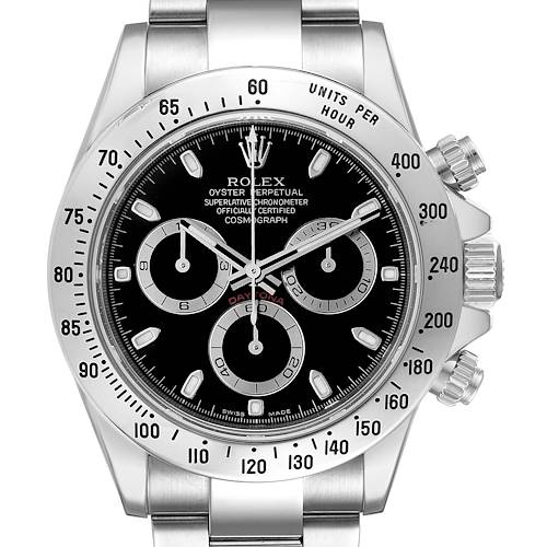 The image displays the front view of a Rolex Daytona 116520 Men's Stainless Steel Black Dial 116520 Men's Stainless Steel Black Dial watch, highlighting its dial, bezel, and chronograph subdials.