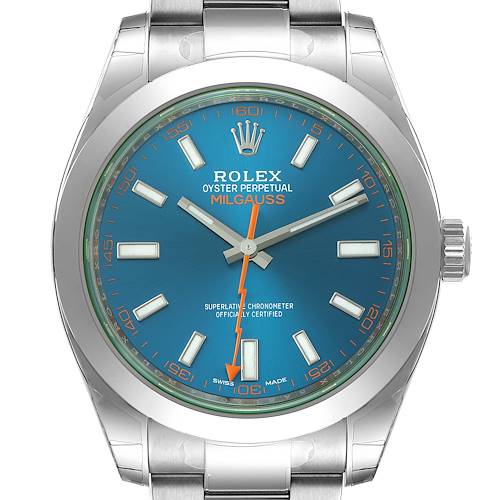 The image shows a front view of a Rolex Milgauss 116400GV Men's Stainless Steel Blue Dial 116400GV Men's Stainless Steel Blue Dial watch, highlighting its blue dial, luminescent hour markers, and orange lightning bolt second hand.