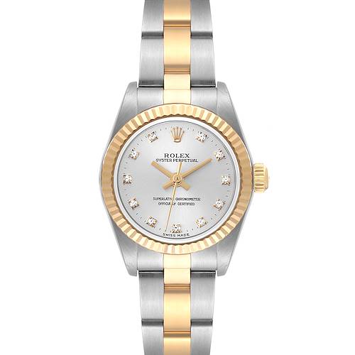 This image shows a front view of a Rolex Oyster Perpetual 76193 Women's Steel and Gold (two tone) Silver Dial 76193 Women's Steel and Gold (two tone) Silver Dial watch, featuring a two-tone bracelet and diamond markers on the dial.