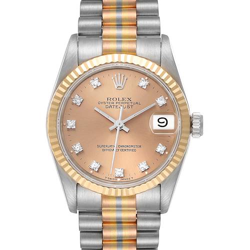 The image shows a Rolex President 68279 Women's White Gold Brown Dial 68279 Women's White Gold Brown Dial watch model from a front angle, highlighting the dial, hands, date window, bezel, and part of the bracelet.
