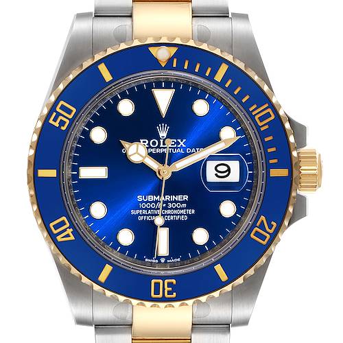 The image shows a frontal view of a Rolex Submariner 126613 Men's Steel and Gold (two tone) Blue Dial 126613 Men's Steel and Gold (two tone) Blue Dial watch with a blue dial and bezel, displaying the time, date, and branded details.