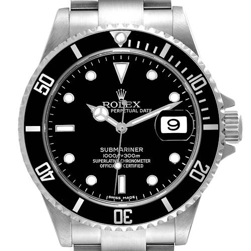 The image shows a front view of a Rolex Submariner 16610 Men's Stainless Steel Black Dial 16610 Men's Stainless Steel Black Dial watch, displaying its dial, bezel, and part of the bracelet.