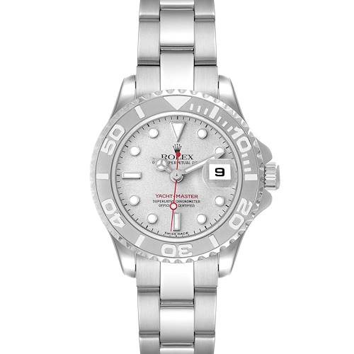 The Rolex Yacht-Master 169622 Women's Stainless Steel Silver Dial 169622 Women's Stainless Steel Silver Dial watch is shown from a front angle, highlighting the dial, bezel, bracelet, and crown.