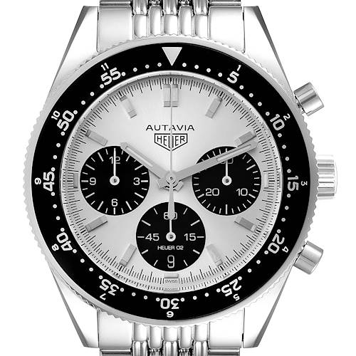 The image shows a frontal view of a Tag Heuer Autavia CBE2111.BA0687 Men's Stainless Steel Silver Dial CBE2111.BA0687 Men's Stainless Steel Silver Dial watch, highlighting its dial, bezel, and bracelet.