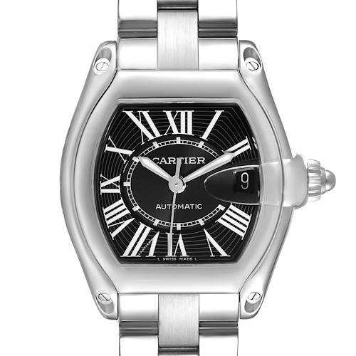 The image shows a close-up frontal view of a Cartier Roadster W62041V3 Men's Stainless Steel Black Dial W62041V3 Men's Stainless Steel Black Dial watch, highlighting the face, bezel, crown, and part of the bracelet.