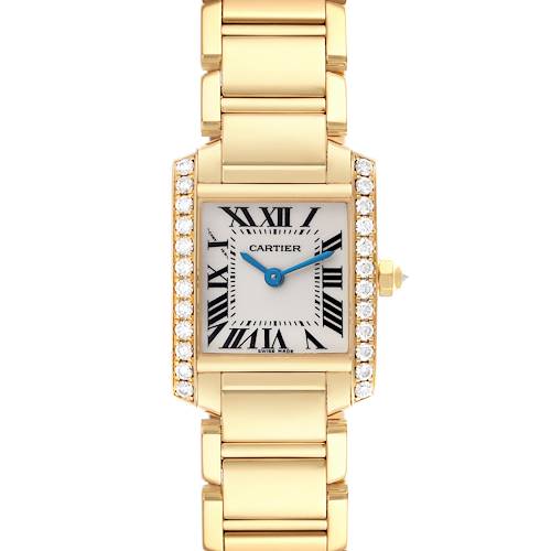 The Cartier Tank Française watch is shown from a front angle, highlighting the rectangular face, gold bracelet, and diamond bezels.