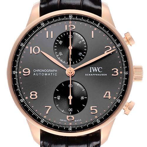 The IWC Portuguese IW371610 Men's Rose Gold Grey Dial IW371610 Men's Rose Gold Grey Dial model watch is shown from a front angle, displaying the dial, hands, sub-dials, and crown.