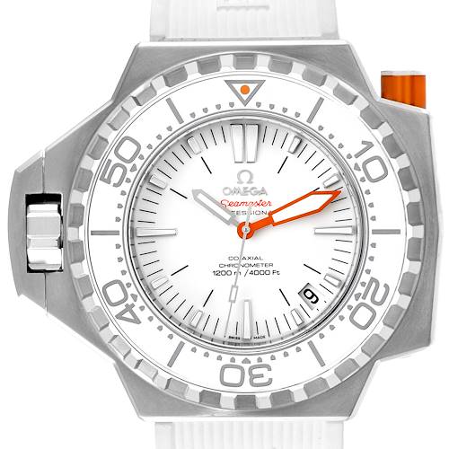 The Omega Seamaster Ploprof watch is shown from the front, highlighting the dial, bezel, hands, crown, and date indicator.