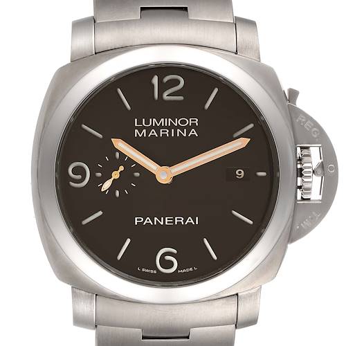 The image shows a front view of a Panerai Luminor PAM00352 Men's Titanium Brown Dial PAM00352 Men's Titanium Brown Dial model watch, highlighting its dial, hands, and crown guard.