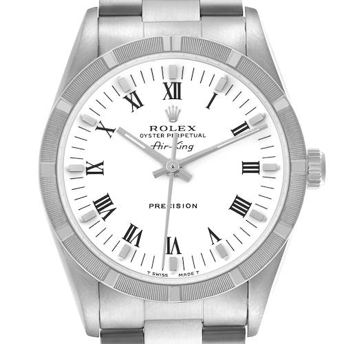 The Rolex Air-King 14010 Men's Stainless Steel White Dial 14010 Men's Stainless Steel White Dial watch is shown from a top-down angle, highlighting the dial, bezel, hands, crown, and bracelet.