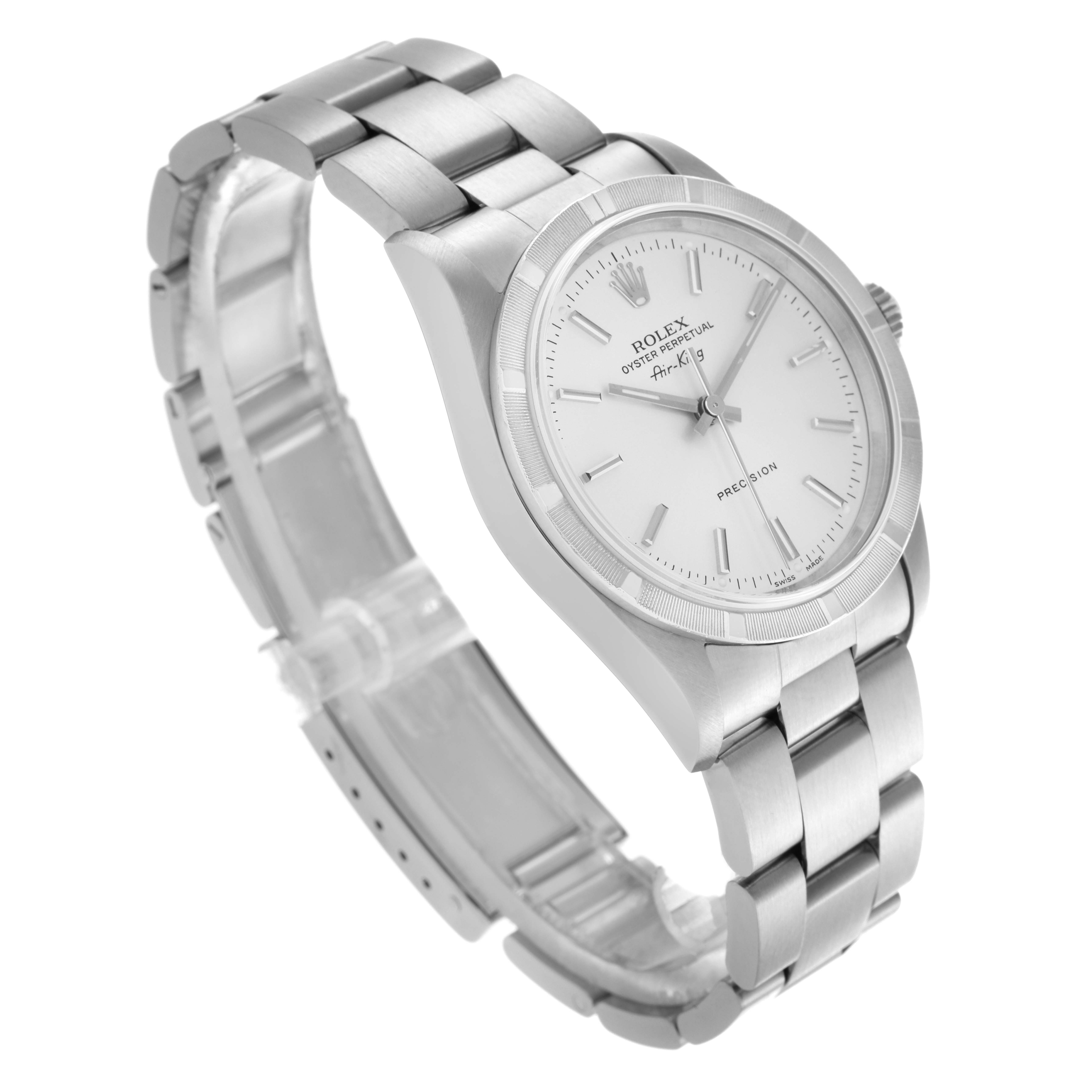 The Rolex Air-King 14010 Men's Stainless Steel Silver Dial 14010 Men's Stainless Steel Silver Dial watch is shown at a three-quarter angle, displaying the face, bezel, and stainless steel bracelet.