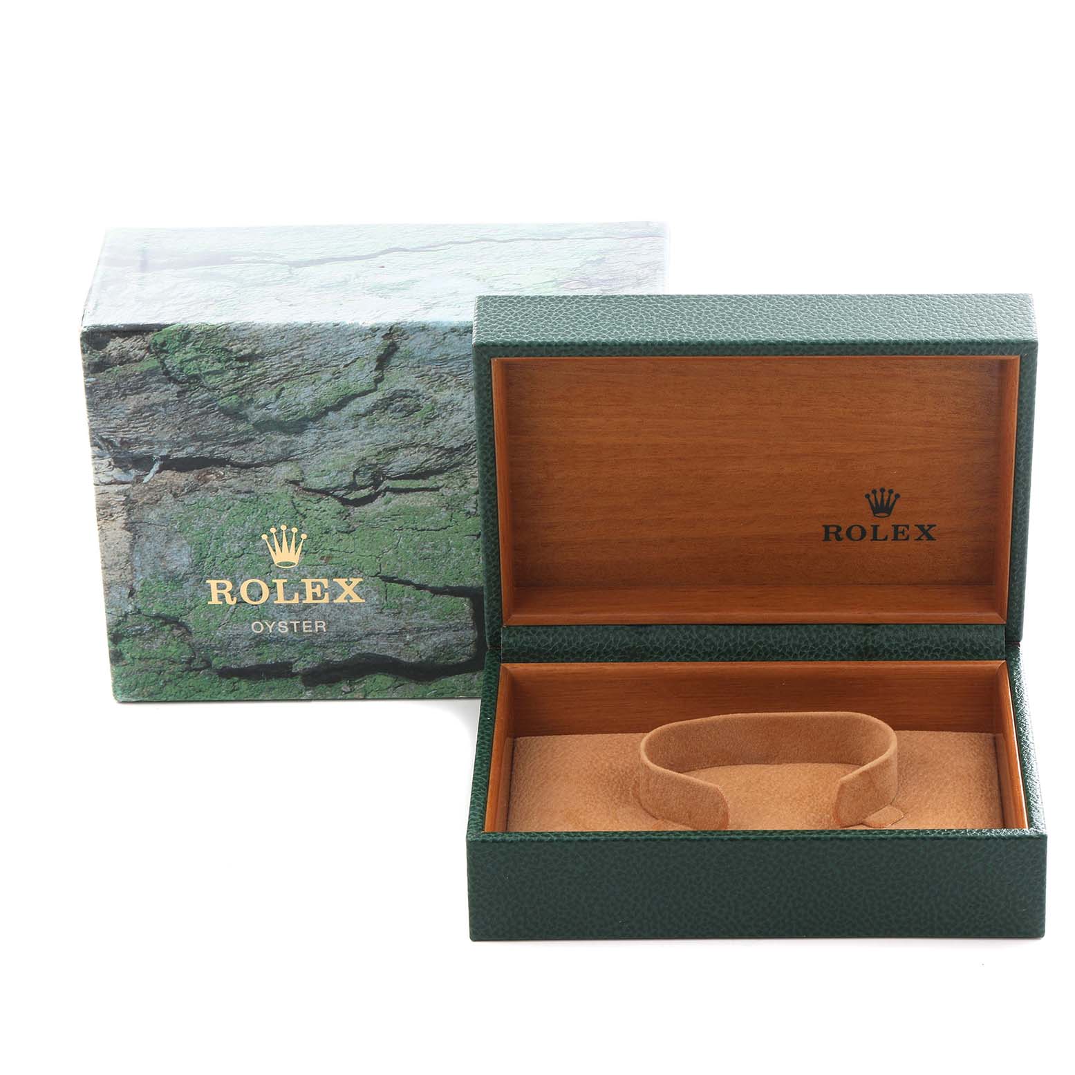 The image shows an open Rolex Air-King 14010 Men's Stainless Steel Silver Dial 14010 Men's Stainless Steel Silver Dial watch box with a velvet interior and an outer box with a marbled design.