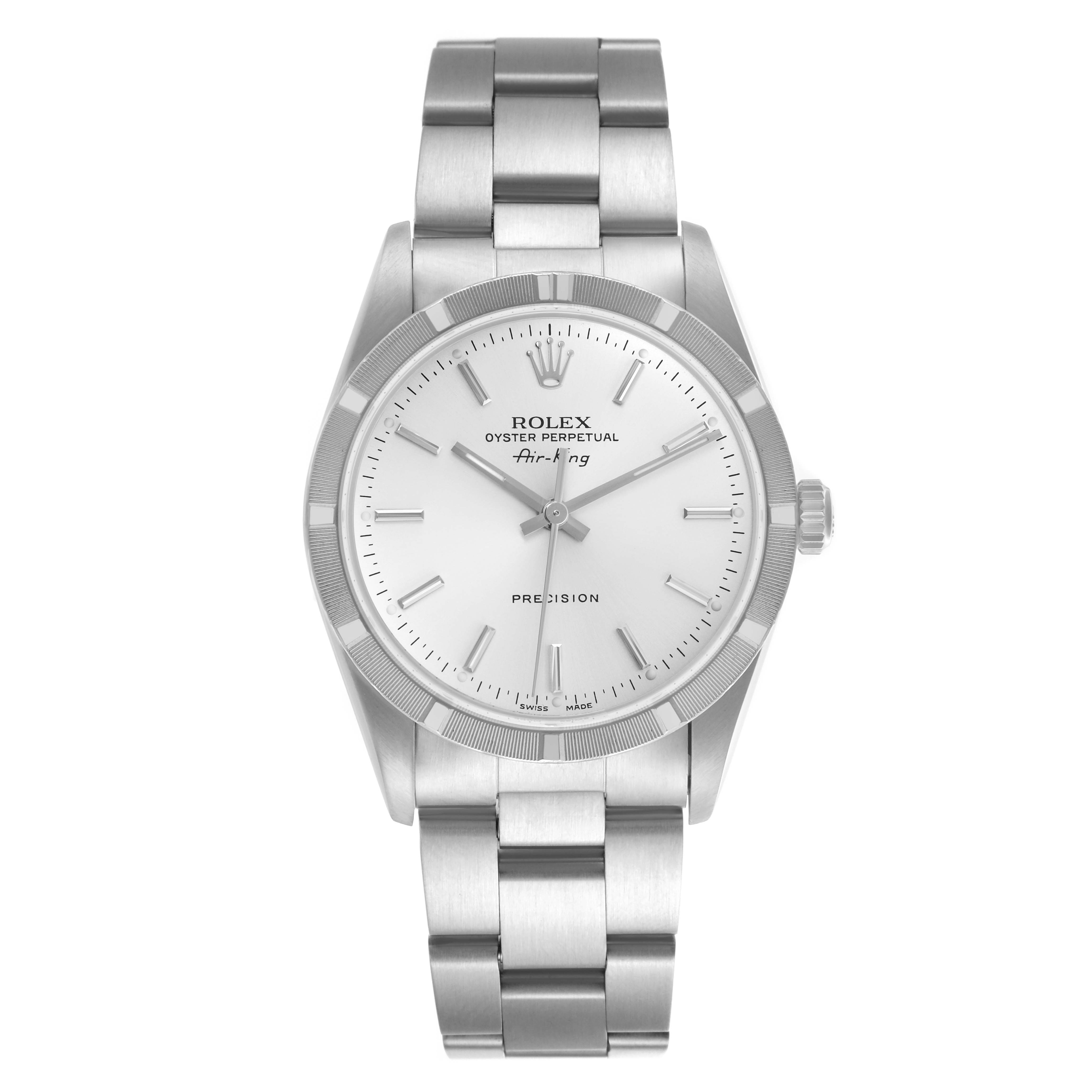The Rolex Air-King 14010 Men's Stainless Steel Silver Dial 14010 Men's Stainless Steel Silver Dial watch is shown from a front angle, displaying its face, bezel, bracelet, and crown.