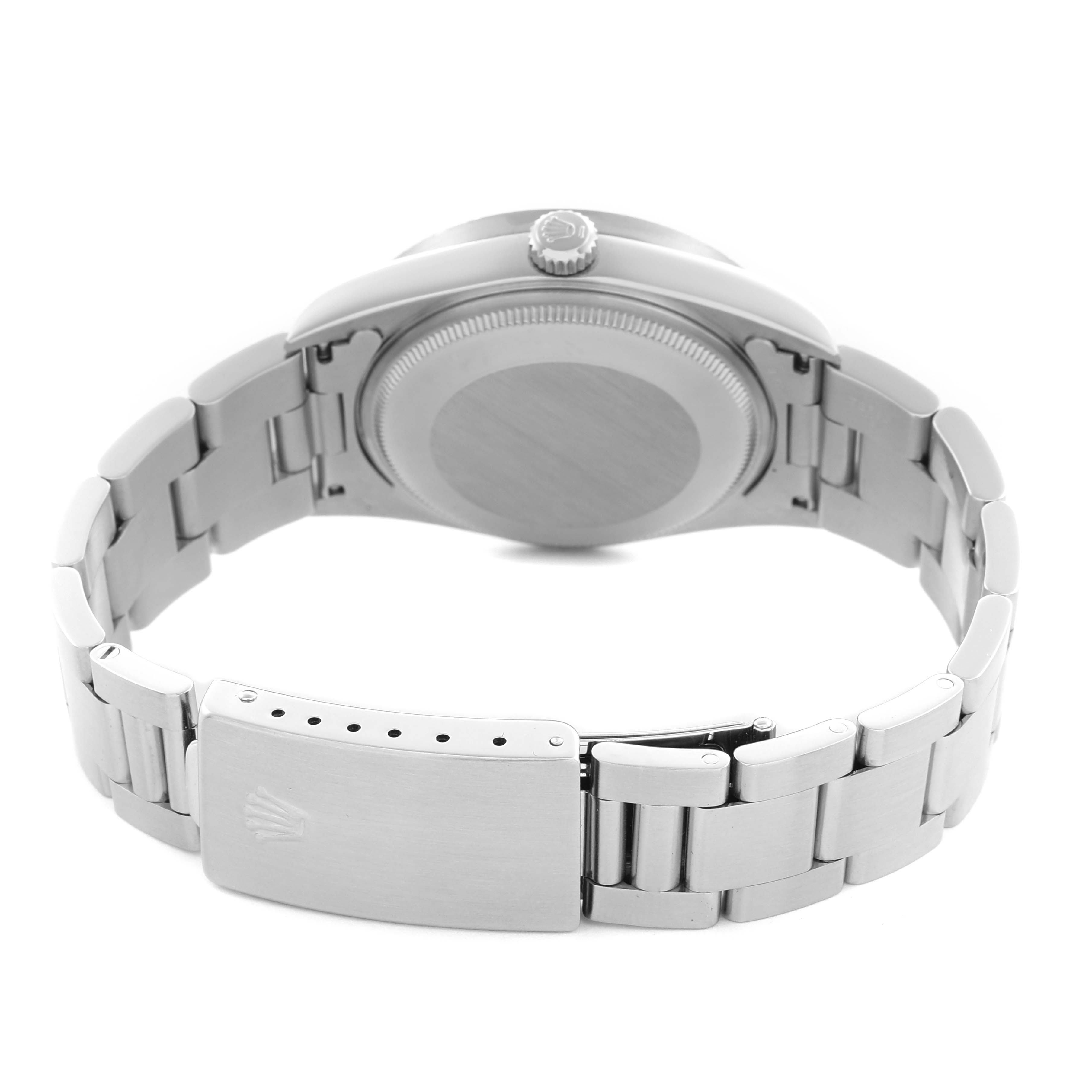 The image shows the back of the Rolex Air-King 14010 Men's Stainless Steel Silver Dial 14010 Men's Stainless Steel Silver Dial watch, highlighting the case back, crown, and clasp.