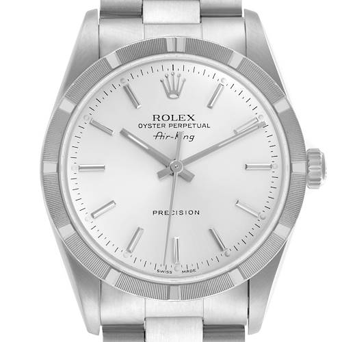 The Rolex Air-King 14010 Men's Stainless Steel Silver Dial 14010 Men's Stainless Steel Silver Dial watch is shown from the front, displaying the face, bezel, crown, and part of the bracelet.