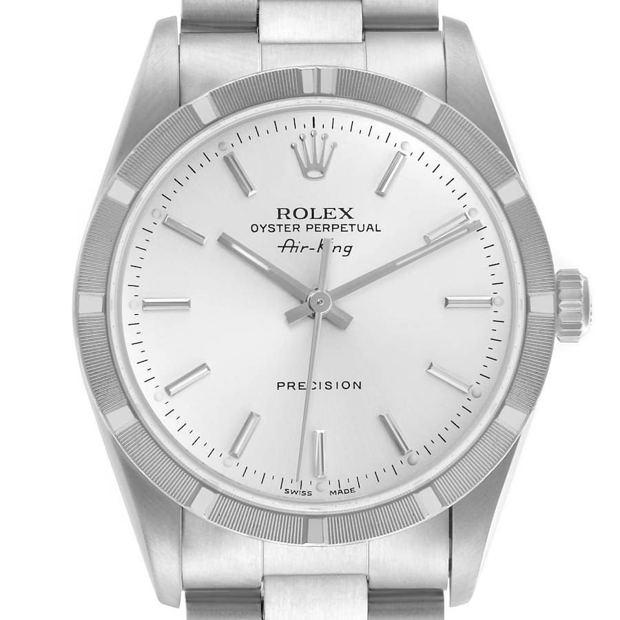 The image shows a frontal view of the Rolex Air-King 14010 Men's Stainless Steel Silver Dial 14010 Men's Stainless Steel Silver Dial, highlighting the dial, crown, and case.