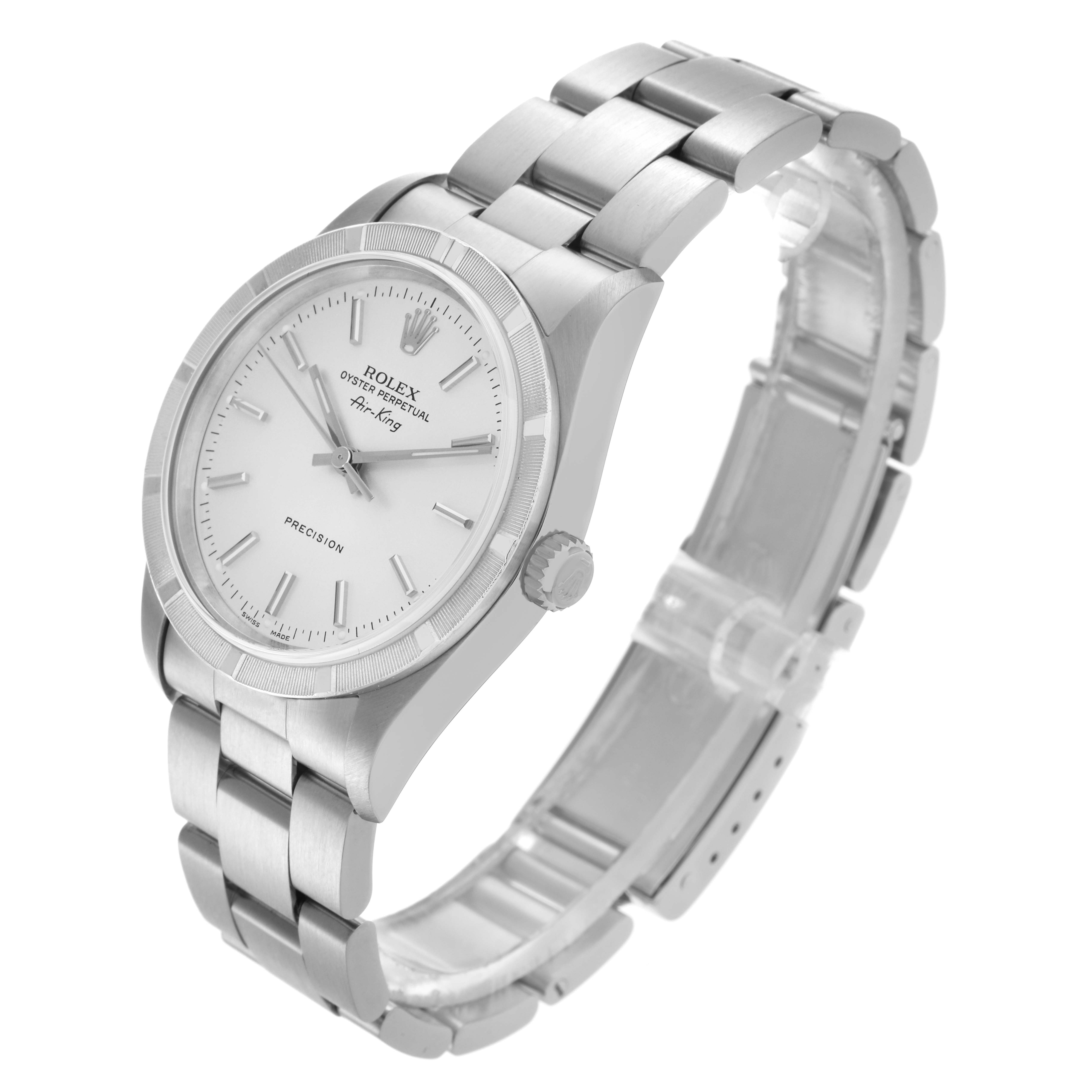 The Rolex Air-King 14010 Men's Stainless Steel Silver Dial 14010 Men's Stainless Steel Silver Dial watch is shown at a three-quarter angle highlighting the face, bezel, crown, and bracelet.